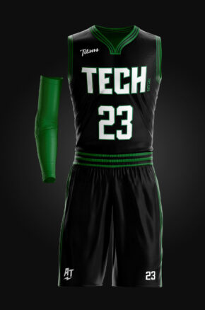 tech branded basketball uniform, black with green accents