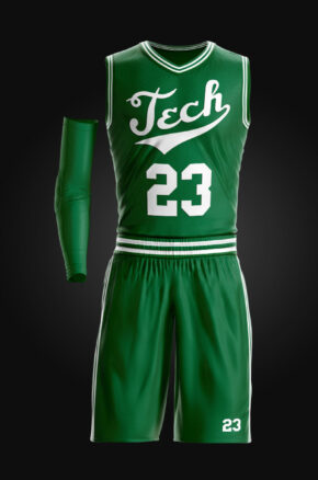 tech branded basketball uniform, green with throwback logo