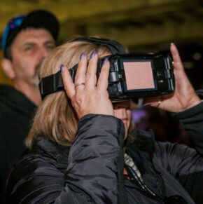person on a virtual tour of bottleworks using an augmented reality device