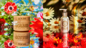 photos of goldie products with vibrant floral backgrounds and bright colors