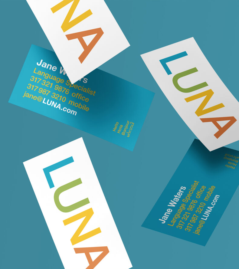 Floating business cards that say 