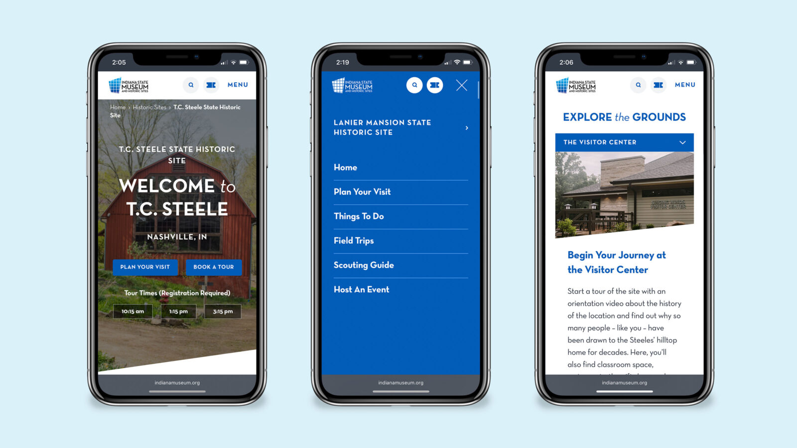 indiana state museum website displayed on mobile, t.c. steele pages displayed