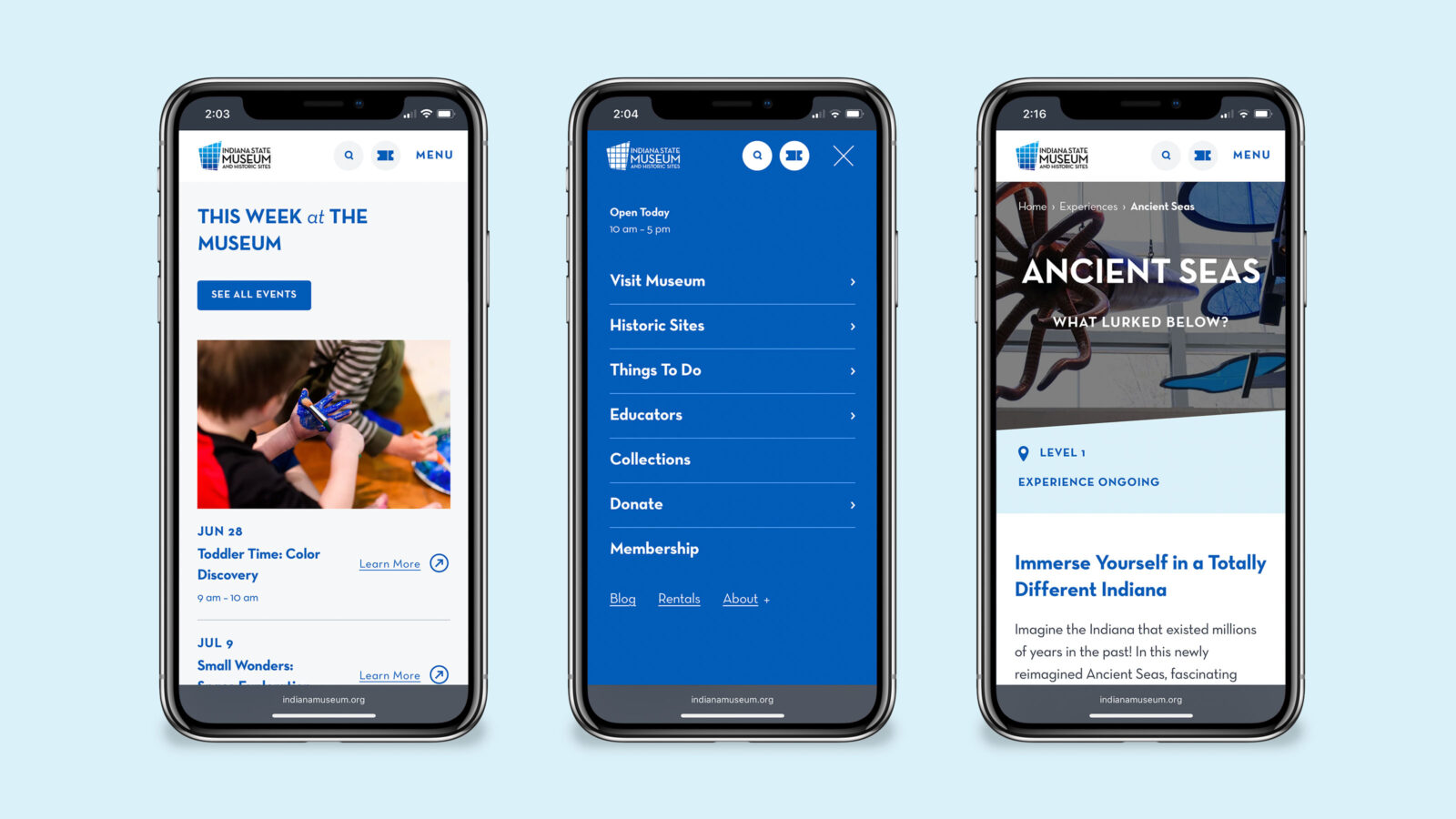indiana state museum website displayed on mobile