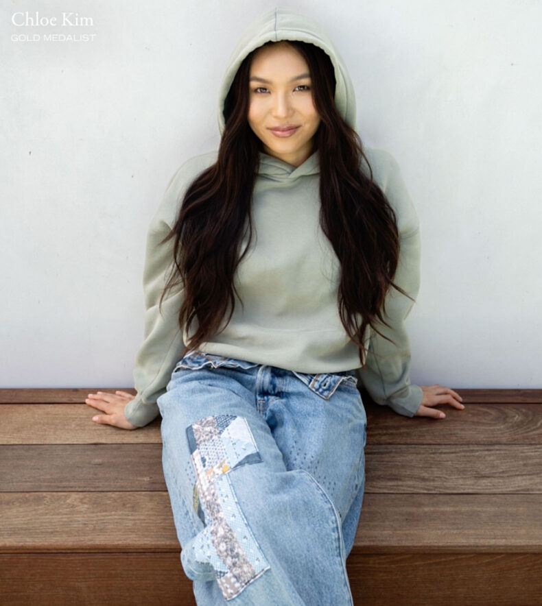 chloe kim wearing an abercrombie hoodie and jeans