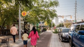people walking in fountain square